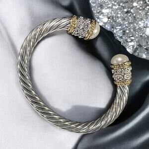 Twisted Two Tone Silver Gold Tone Scroll Metal Bracelet Cuff with Faux Pearl NEW